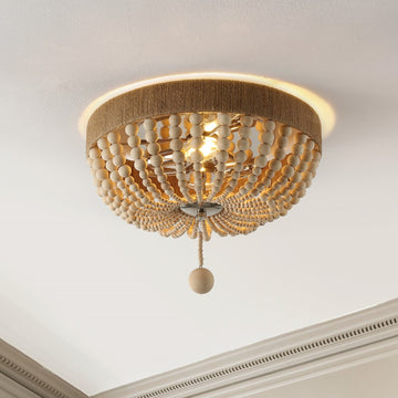 Justina Wood Bead 14" Farmhouse Bohemian Iron LED Flush Mount - JONATHAN Y